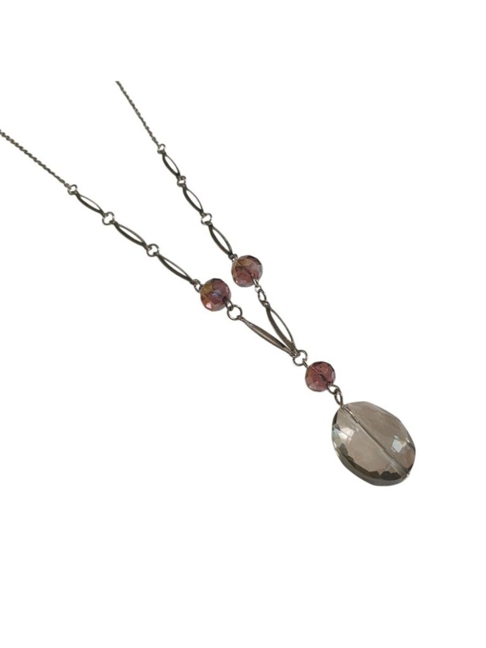 Necklace Oval Crystal Silver Tone Chain Purple Bead Pendant Lobster Clasp Jewelr
